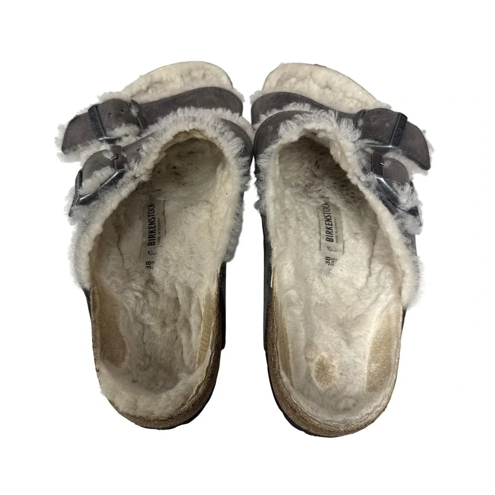 Birkenstock Arizona Shearling Sandals Womens 38 Gray Suede Double Strap Comfort